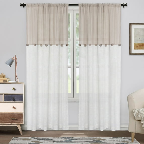 Farmhouse Linen Blend Curtain, Color Block Boho Button Rod Pocket Curtain Drape