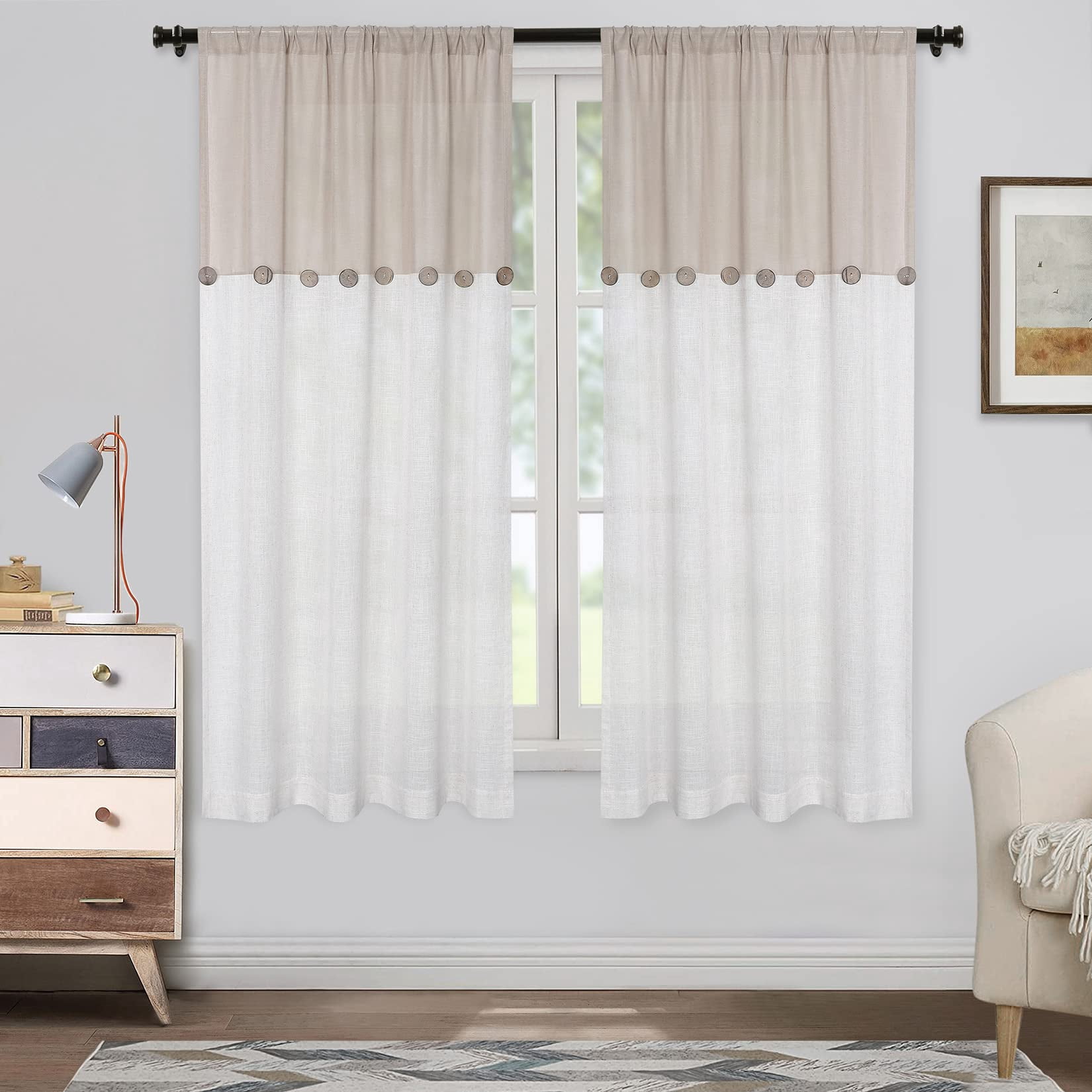 Farmhouse Linen Blend Curtains Rustic Country Color Block Curtain ...
