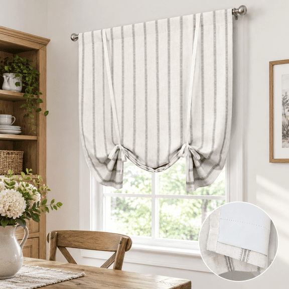 Farmhouse Linen Blend Tie-Up Curtain, 45"W x 63"L, Grey Vertical Striped Balloon Roman Shade