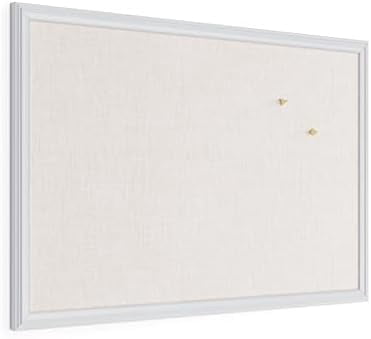Farmhouse Linen Bulletin Board, 30" x 20", White Wood Frame, Wall Mounted Pin Board for Home Office, Classroom & Kitchen, Includes Push Pins