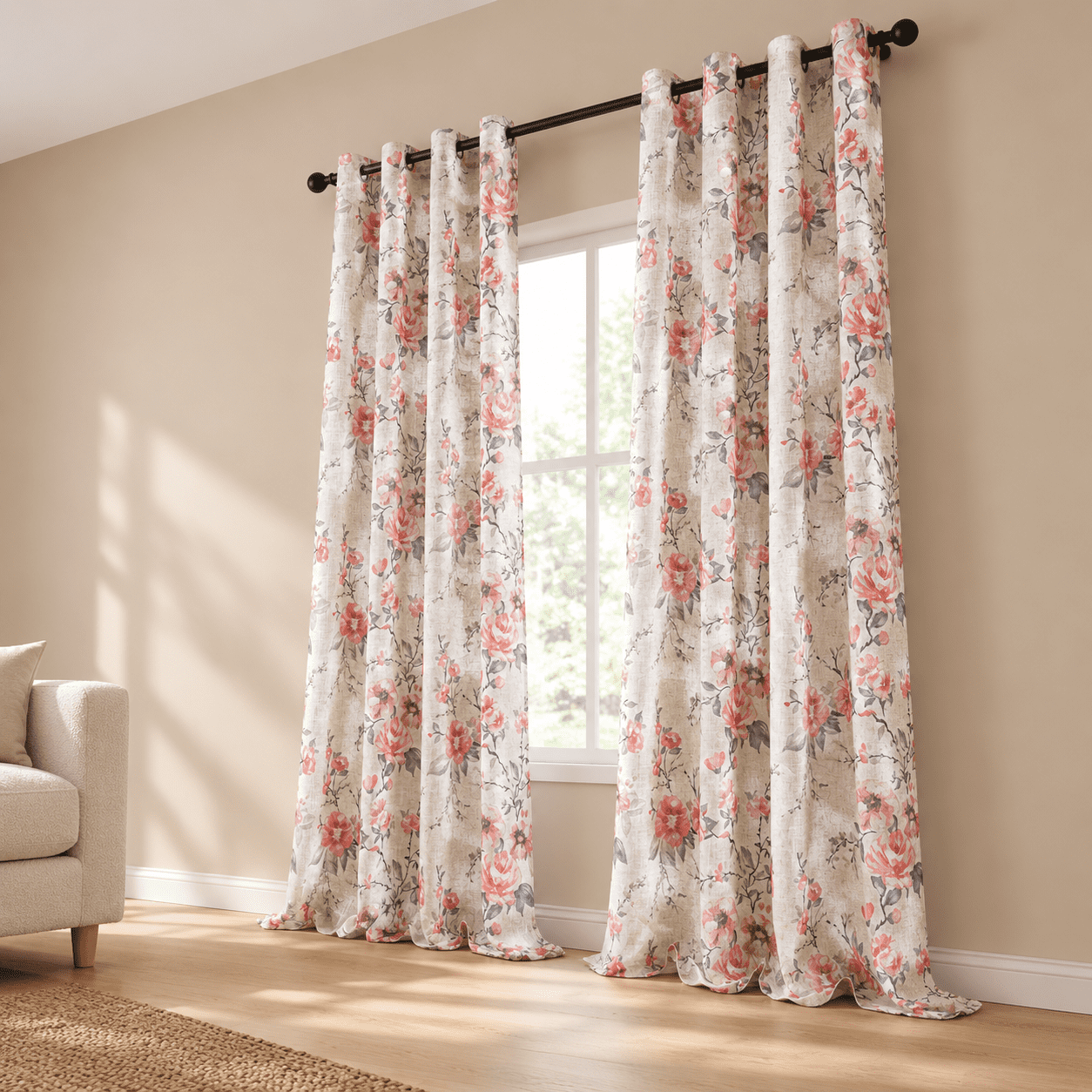Farmhouse Linen Curta95 Inch Length For Living Room Pink Rose Flprint ...