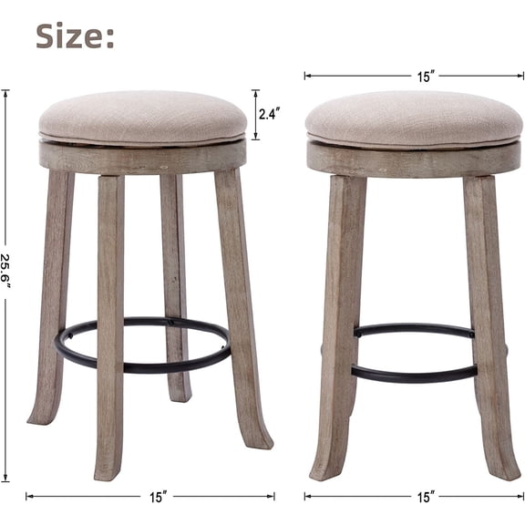 Farmhouse Linen Fabric Round Bar Stools Set of 2, 360 ° Swivel 25.6 Counter Height Backless Low Barstools with Footrest for Home Bar Kitchen Island Beige
