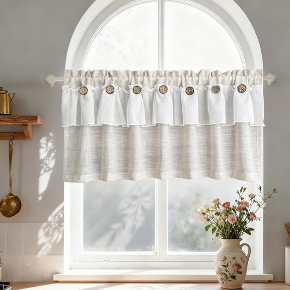 Farmhouse Linen Kitchen Curtain Valances for Windows Rod Pocket Boho Button Half Window Curtains for Dining Room Bathroom 2 Layer Ruffle Macrame Valance (Beige,W52 L20 inch)