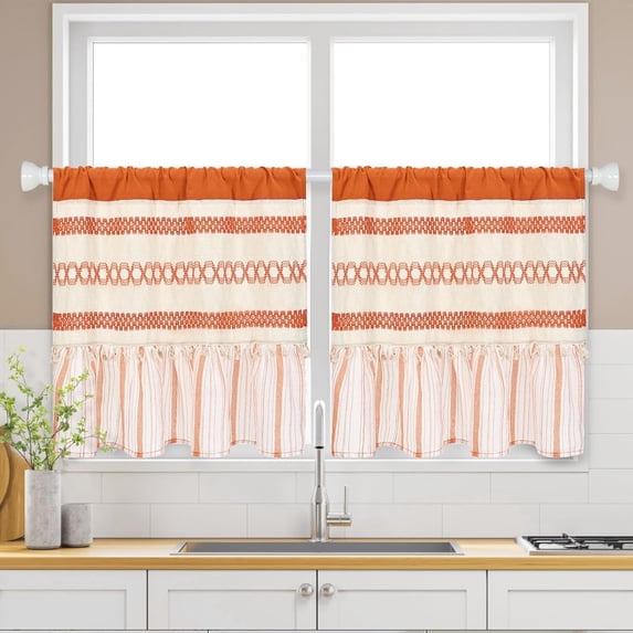 Cafe Small Window Orange Striped 24 Inch Farmhouse Linen Kitchen Curtains, Short Rod ...