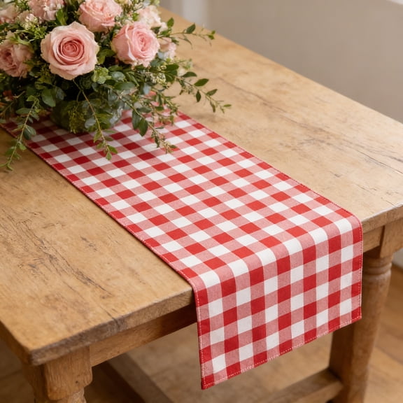 Farmhouse Linen Table Runner Red White Buffalo Check Table Cloth Classic Gingham Plaid Long Dining Table Cloth for Christmas Holiday Party Wedding Decorative Table Centerpiece