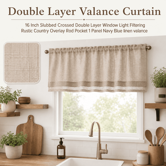 Farmhouse Linen Valance For Living Room Windows 16 Inch Slubbed Crossed Double Layer Window Light Filtering Rustic Country Overlay Rod Pocket 1 Panel Blush Beige