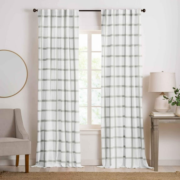 Farmhouse Living Double Windowpane Plaid Room Darkening Window Curtain Panel, White/Grey, 52"x95"