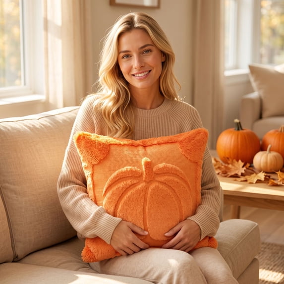 Farmhouse Living Room Decor, 18X18 Inch Orange Quilted Plush Halloween Throw Pillow Cover, Indoor Fall Home Decor for Halloween Party, Soft Fall Pumpkin Decor Cushion Case, 1