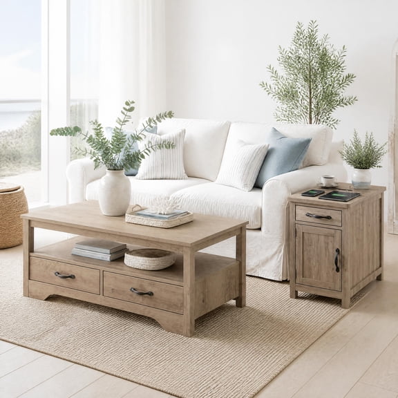Farmhouse Living Room Table Set – 41.3" Coffee Table with 4 Drawers & Open Shelf   23.6" Flip-Top Charging End Table, for Small Living Room