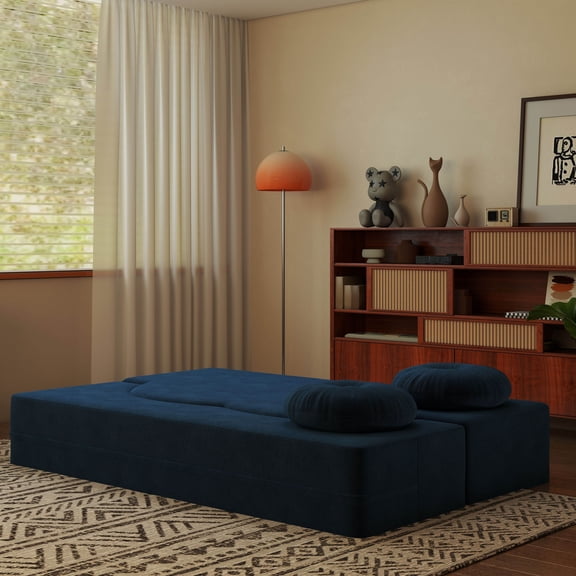 Farmhouse Loveseats, Modern Floor Sofa with 2 Pillows,Convertible Plush Corduroy Foam-Filled Sleeper Sofa Bed,14.2" Full Size Folding Mattress for Living Room,Guest Bed,no assembly required, Blue