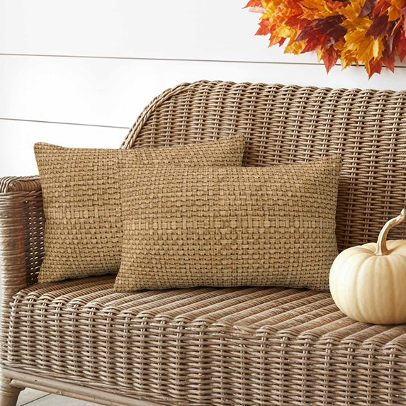 Farmhouse Lumbar Pillow Covers 20x12 Inch Set of 2, Country Chic Plaid Gingham Burlap Texture Waterproof Outdoor Pillow Covers, Decorative Cushion Pillowcases for Couch, Sofa, Bed, Garden, Patio