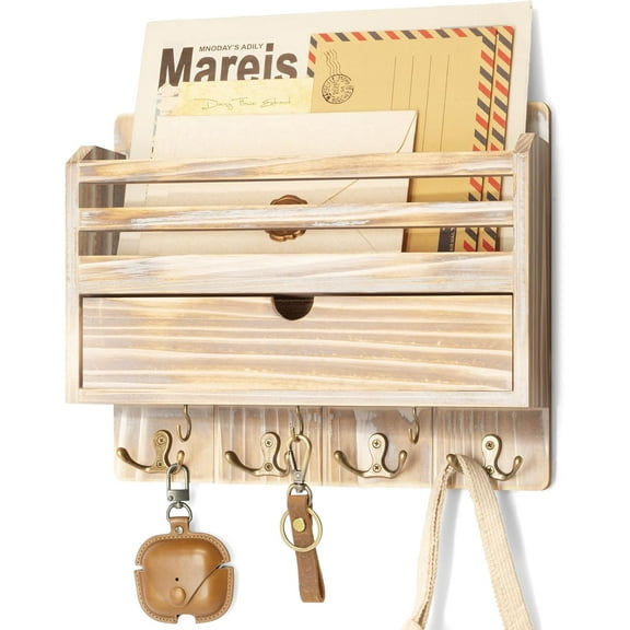 Farmhouse Mail Organizer Wall Mount – Decorative Key and Mail Holder for Wall with Drawer Organizer and 7 Key Hooks – Apartment Essentials for Home Decor (Natural Wood)