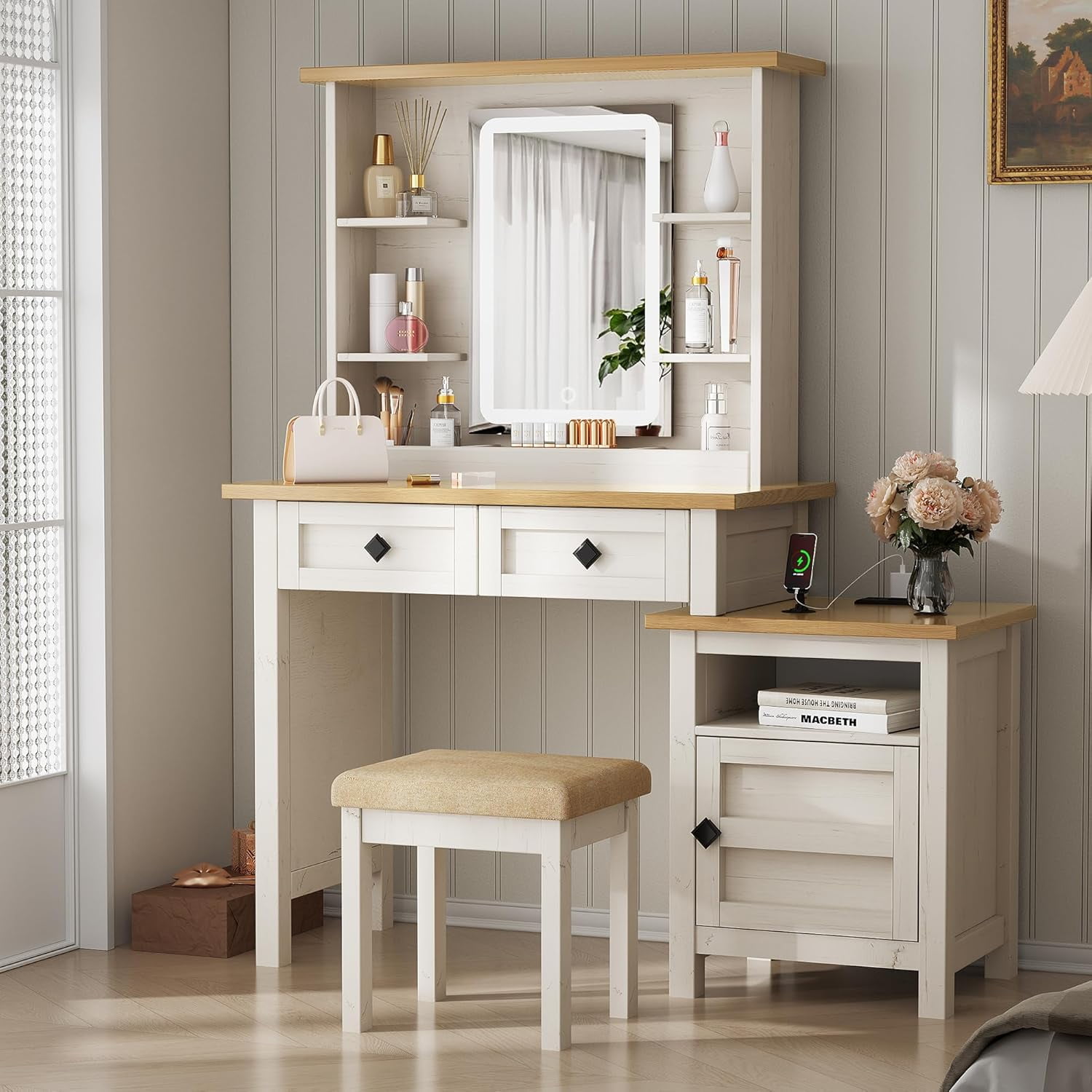 Farmhouse Makeup Vanity,Antique White Vanity Desk with Mirror and