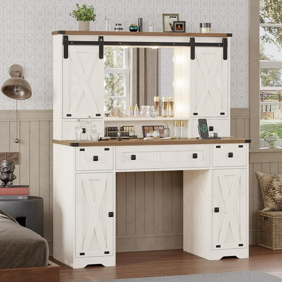 Farmhouse Makeup Vanity Desk with Lighted Hollywood Mirror and Storage for Bedroom,Large Vanity Desk with Charging Station, Dressing Table with Shelves & 3 Drawers & 2 Cabinets, Lights Adjustable