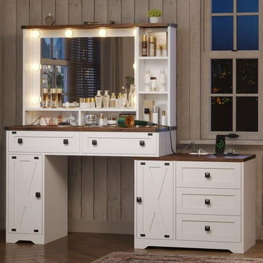 Farmhouse Makeup Vanity Desk with Lighted Hollywood Mirror and Storage for Bedroom,Large Vanity Desk with Charging Station, Dressing Table with Shelves & 5 Drawers & 2 Cabinets, Lights Adjustable