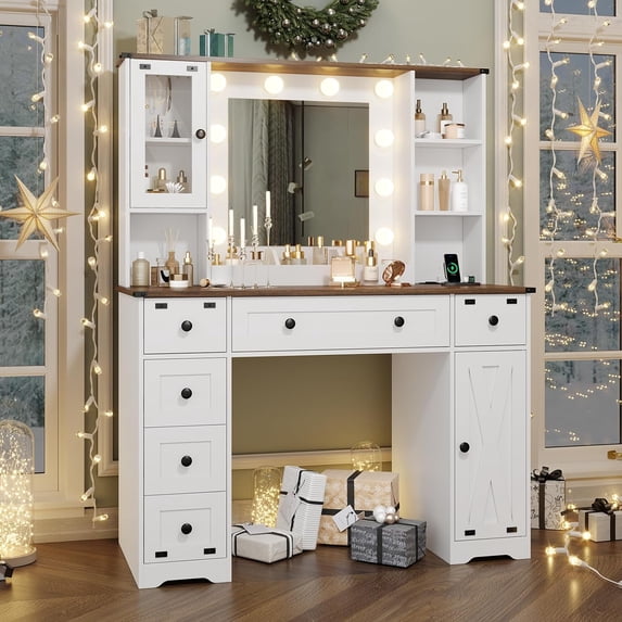 Farmhouse Makeup Vanity Desk with Lights & Charging Station,Vanity Table with Mirror, 43'' Bedroom Dressing Table with 6 Drawers & 2 Cabinets, 3 Color Lighting Modes, White