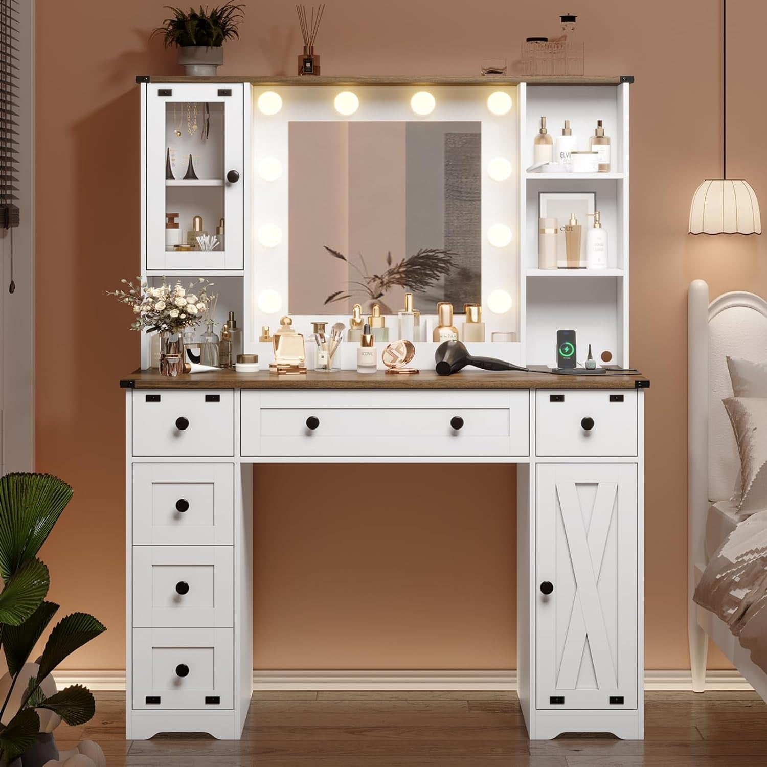 Modern White Farmhouse Makeup Vanity with LEDAdjusted Mirror, 6