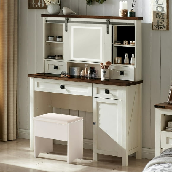 Farmhouse Makeup Vanity Desk with Sliding Mirror and Lights, 42'' Glass Tabletop Vanity Table with 2 Drawers & Shelves, Rustic Big Vanity Set for Bedroom, Stool Included, Antique White