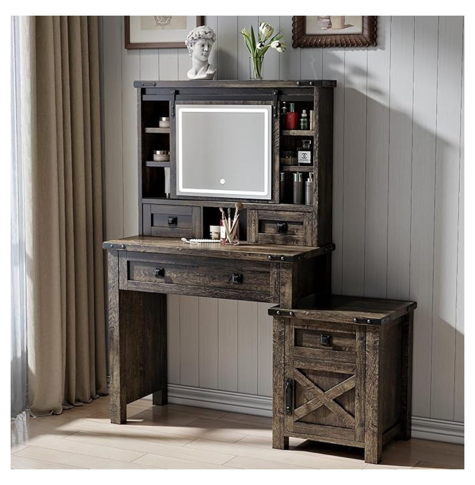 '' Farmhouse Makeup Vanity Desk with Sliding Mirror and Lights, Makeup ...