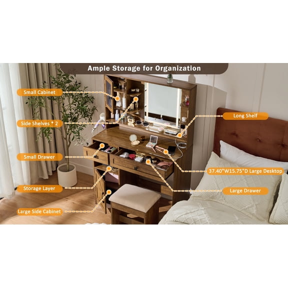 Farmhouse Makeup Vanity Desk with Mirror and Lights,Dressing Table Set with Charging Station and Stool,Drawers,Shelves and Side Cabinet, Rustic Brown