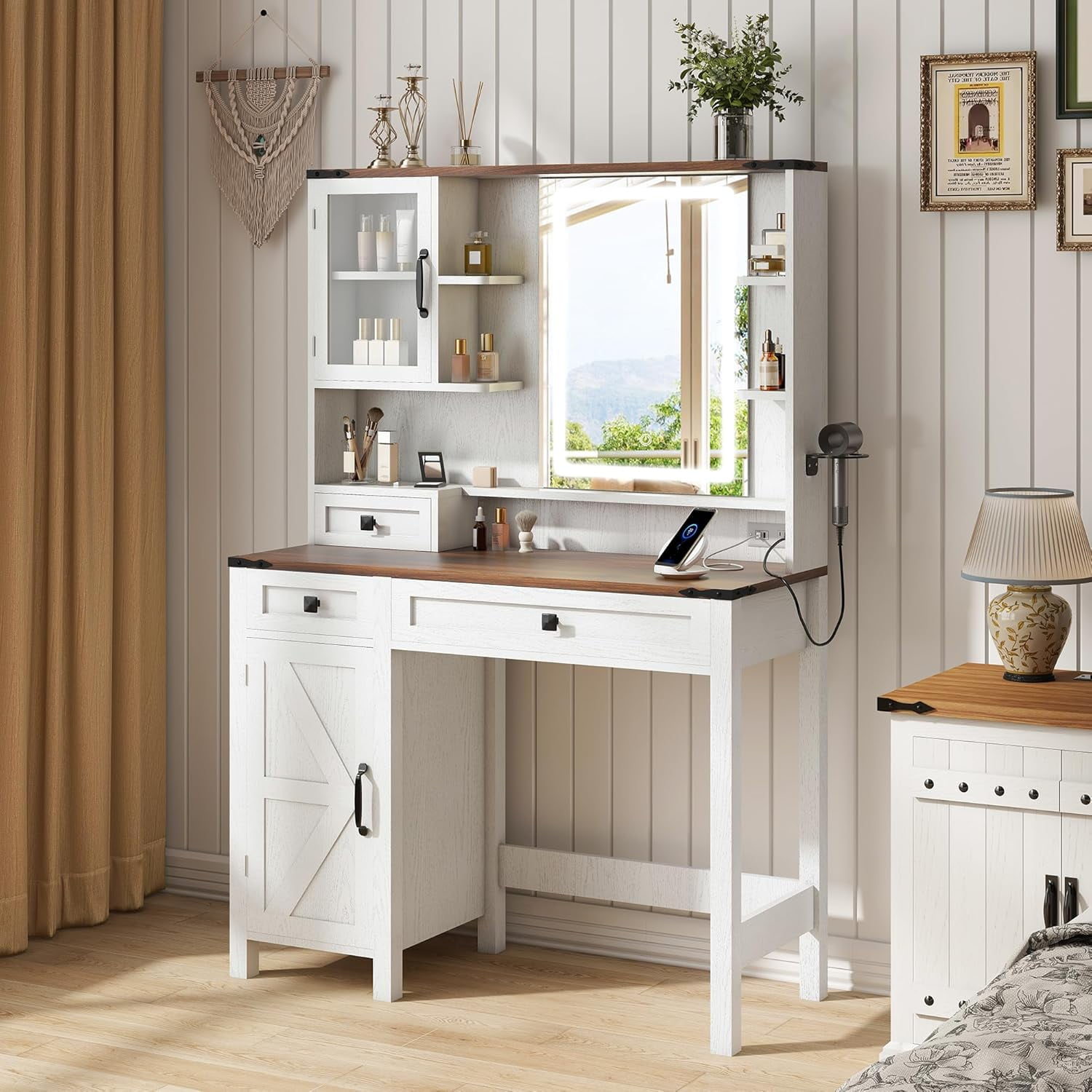 Farmhouse Makeup Vanity with Mirror and Lights 37" Wide Vanity Desk
