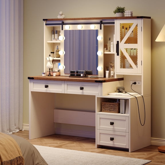 Farmhouse Makeup Vanity with Sliding Mirror & Lights Large Vanity Desk with Charge Station Dressing Table with 4 Wooden Drawers & 2 Cabinets, Antique White