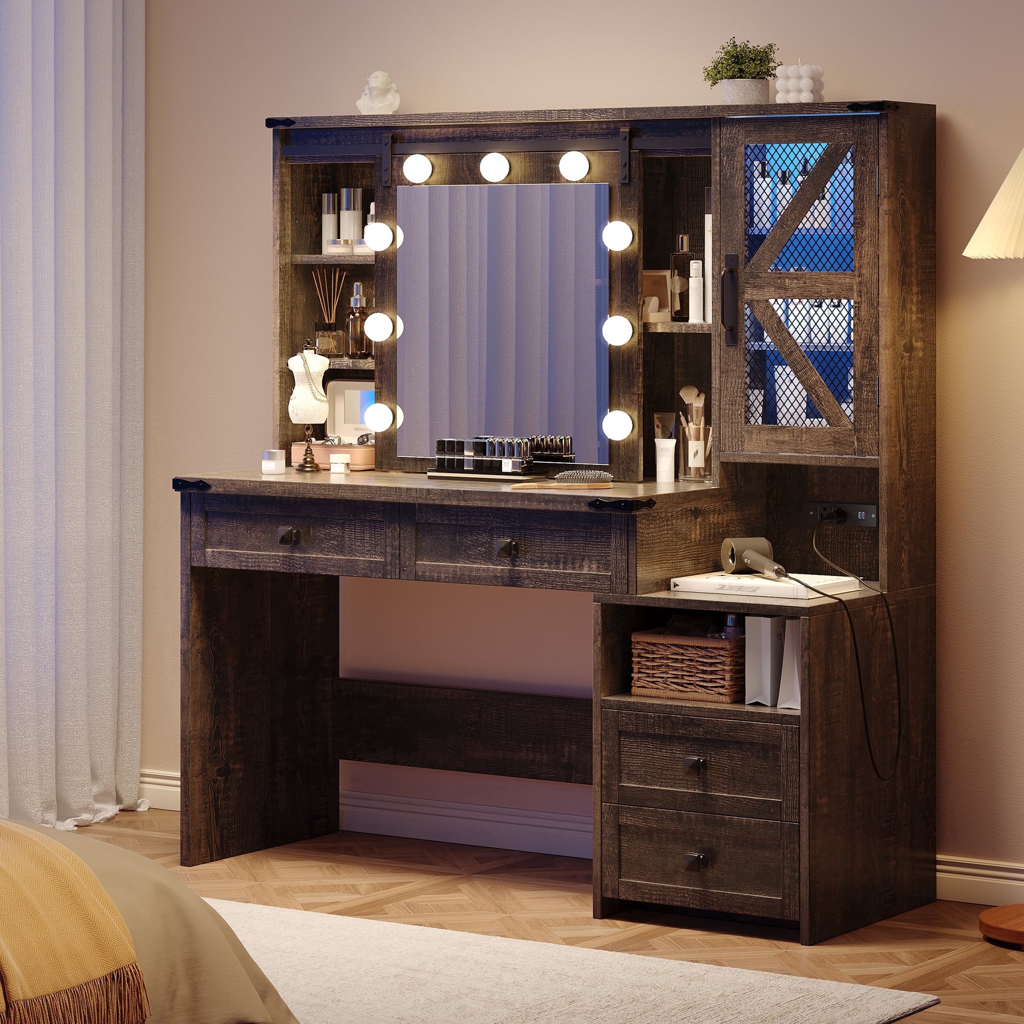 Farmhouse Makeup Vanity with Sliding Mirror & Lights Large Vanity Desk with Charge Station Dressing Table with 4 Drawers & 2 Cabinets, Dark Rustic Oak