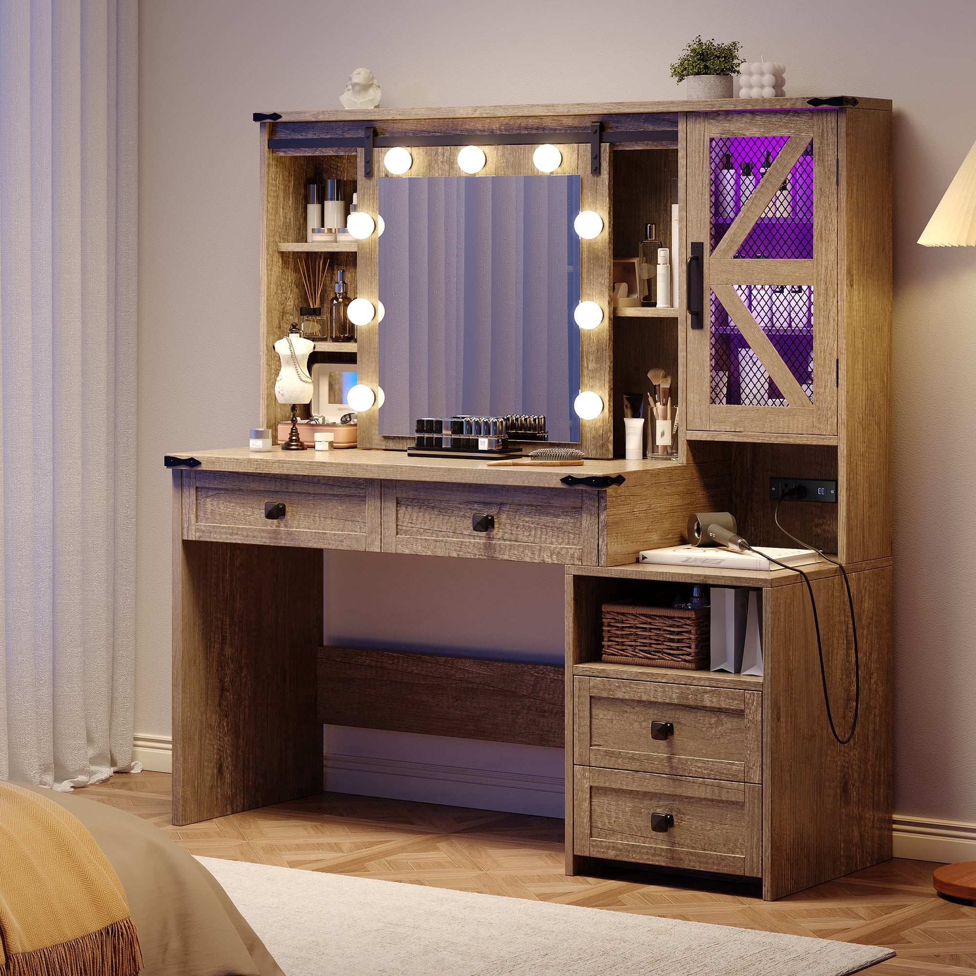 Farmhouse Makeup Vanity with Sliding Mirror & Lights Large Vanity Desk with Charge Station Dressing Table with 4 Drawers & 2 Cabinets, Light Rustic Oak