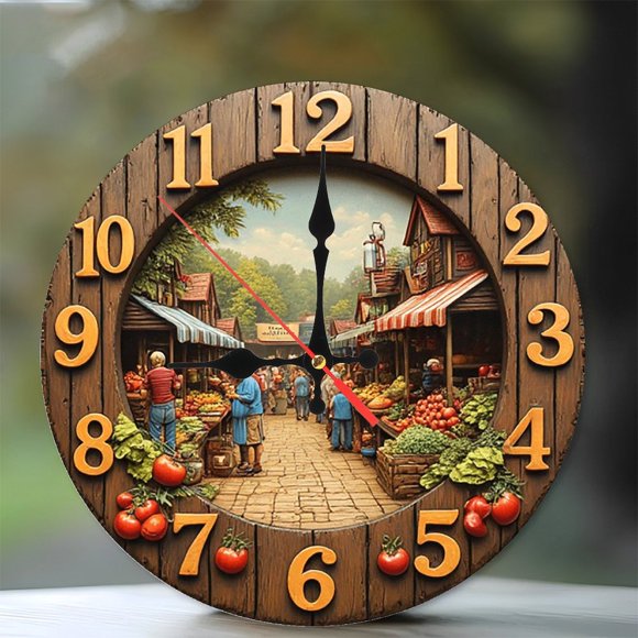 Farmhouse Market Wall Clock Decorative 10-Inch Silent Wooden Wall Clock, Battery Operated (AA Batteries Not Included), Artistic Home Decor
