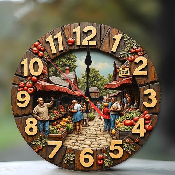 Farmhouse Market Wooden Clock Wall Decor 10-Inch Silent Wooden Wall Clock, Battery Operated (AA Batteries Not Included), Artistic Home Decor