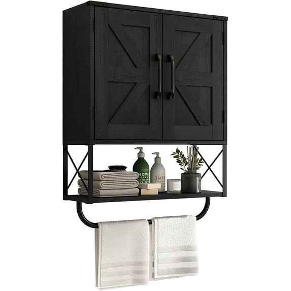 Farmhouse Medicine Cabinet with 2 Barn Door, Wood Wall Mounted Storage Cabinet with Adjustable Shelf and Towel Bar, 3-Tier Bathroom Cabinet for Bathroom, Living Room(Black, Medium)