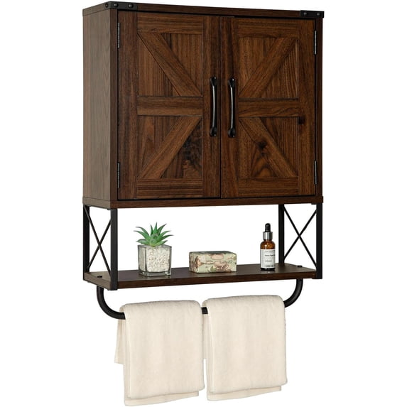 Farmhouse Medicine Cabinet with 2 Barn Door,Wood Wall Mounted Storage Cabinet with Adjustable Shelf and Towel Bar, 3-Tier Bathroom Cabinet for Bathroom, Living Room(Dark Walnut, Medium)