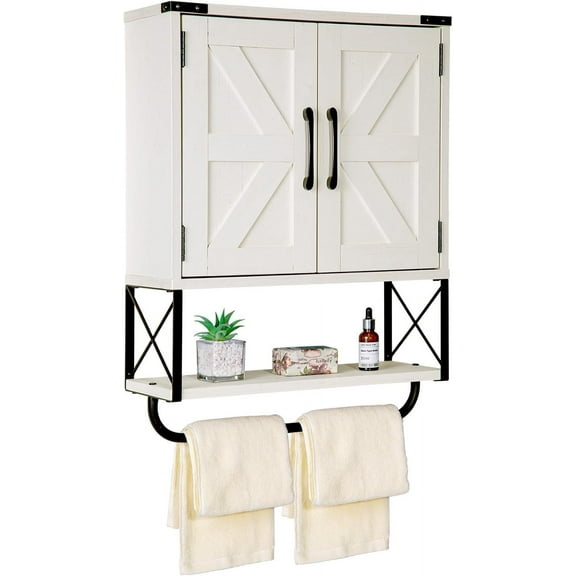 Farmhouse Medicine Cabinet with 2 Barn Door, Wood Wall Mounted Storage Cabinet with Adjustable Shelf and Towel Bar, 3-Tier Bathroom Cabinet for Bathroom, Living Room(Vintage White, Medium)