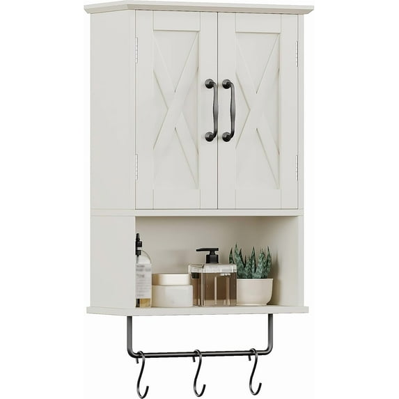 Farmhouse Medicine Cabinet, Bathroom Wall Cabinet with Adjustable Shelf, Towel Bar, 3 Hooks, Over The Toilet Storage Cabinet for Bathroom, Kitchen, 19.3''L, White