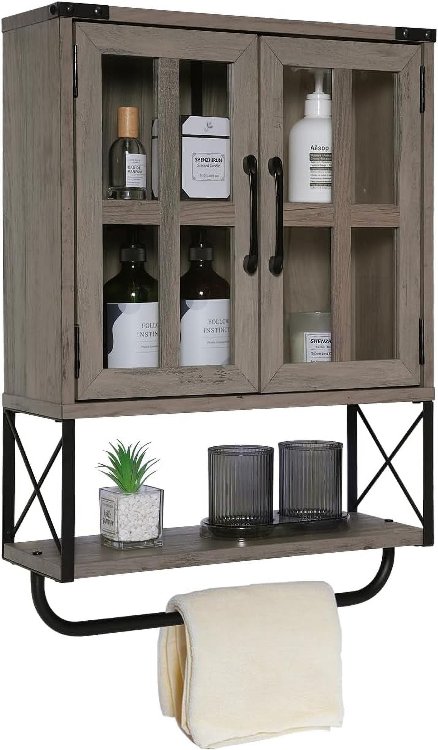 Farmhouse Medicine Cabinet with Cross Glass Doors, Wood Wall Storage Cabinet, 3-Tier Rustic Bathroom Cabinet with Adjustable Shelves and Towel Bar for Living Room(Washed Oak, Small)