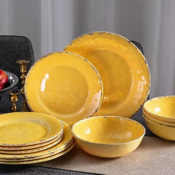Farmhouse Melamine Dinner Plate Set, 6 Piece Chip Resistant, Lightweight Round Plates for Salad, Pasta  Unbreakable Dining Serving Dishes, Yellow