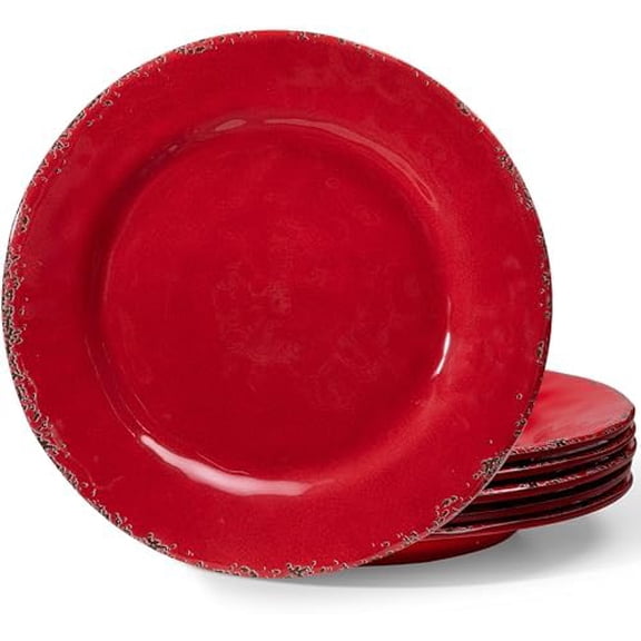 Farmhouse Melamine Dinner Plate set, 11 inch Unbreakable Serving Plates, Set of 6, Lightweight Dinnerware Plate, Large Dessert or Salad Plate Set, Chip Resistant Camping Dishes, Red…