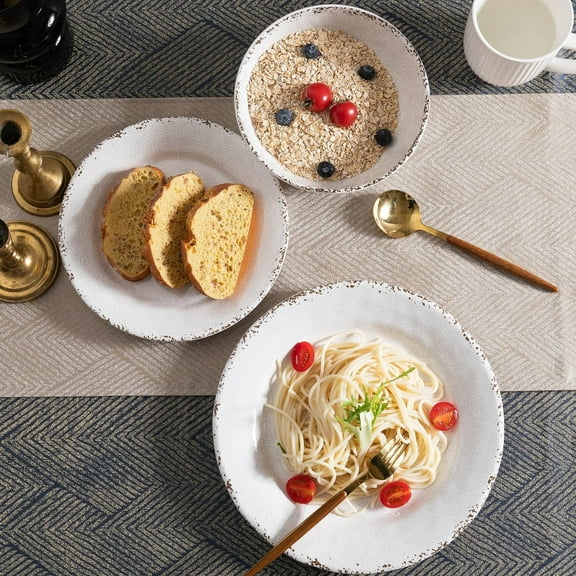 Farmhouse Melamine Dinnerware Sets, 12 Pieces Dishes Dinnerware Set, Service for 4 Lightweight Kitchen Plates and Bowls Sets, Great for Casual dining and Outdoor Parties Camping or RVs, White