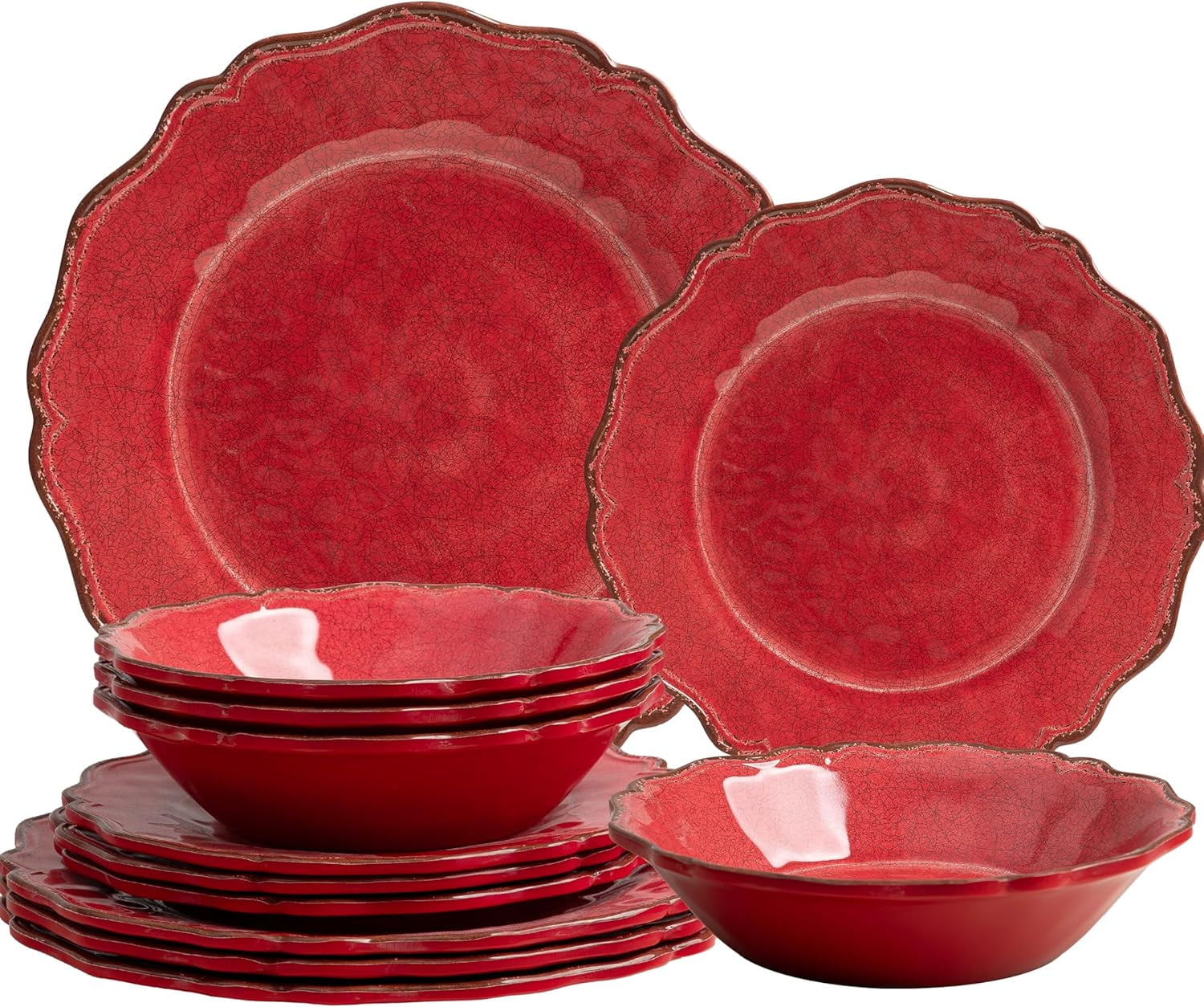 Farmhouse Red 12 Piece Melamine Dinnerware Sets For Indoor and Outdoor Use, Rustic Dishes Dinnerware Sets with Bowls and Dinner/Dessert Plates, free Dinner Dishes Set, Service for 4