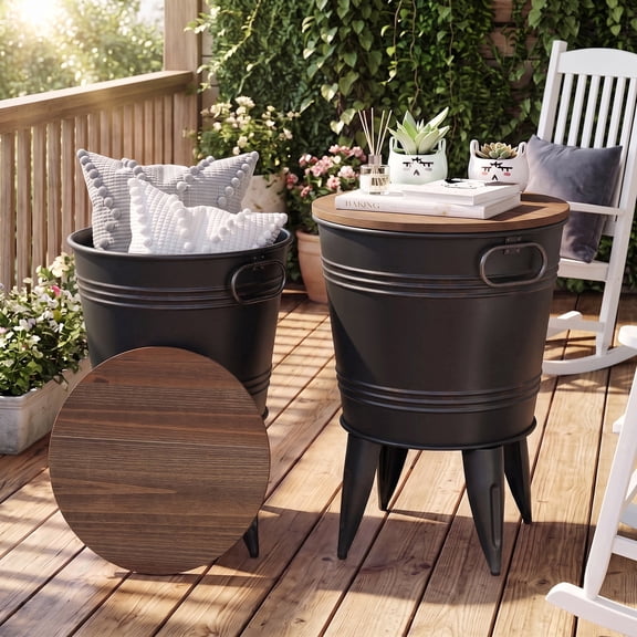 Farmhouse Round End Table Set of 2, Galvanized Accent Side Table with Metal Leg for Living Room Outdoor, Black