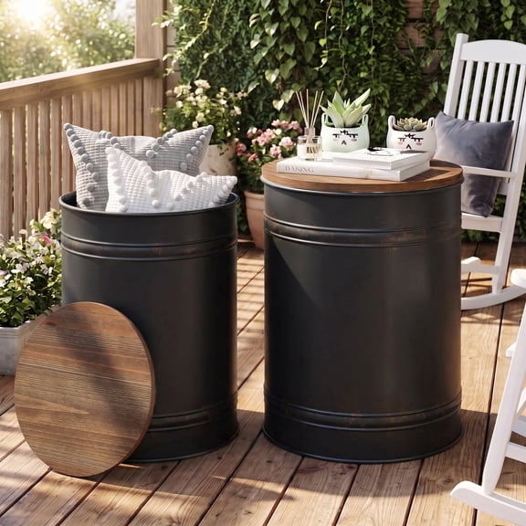 Farmhouse Round End Table Set of 2, Galvanized Accent Side Table with Wood Lid for Living Room Outdoor, Black