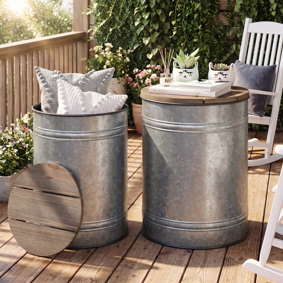 Farmhouse Metal End Table Box Bin Set of 2, Accent Side Table, Rustic Ottoman Seat Stool with Round Wood Lid