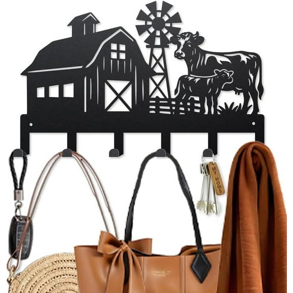 Farmhouse Metal Key Hook Cows Livestock Coat Rack Wall Mounted 15.79.8inch Art Wall Decor Key Holder Organizer Rack with 6 Hooks for Gift Coats Hats Towels Bags Hanging