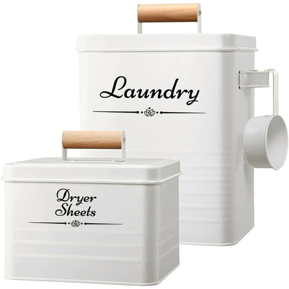 Farmhouse Metal Laundry Pods Container with Dryer Sheet Holder for Organization and Storage, Laundry Room Decor - Holds 156 Pods and 300 Sheets (White)