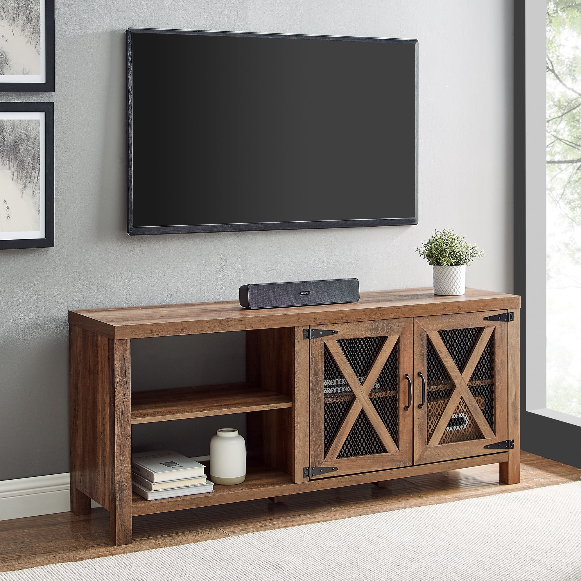 Farmhouse Metal Mesh Door TV Stand for TVs up to 65", Reclaimed Barnwood