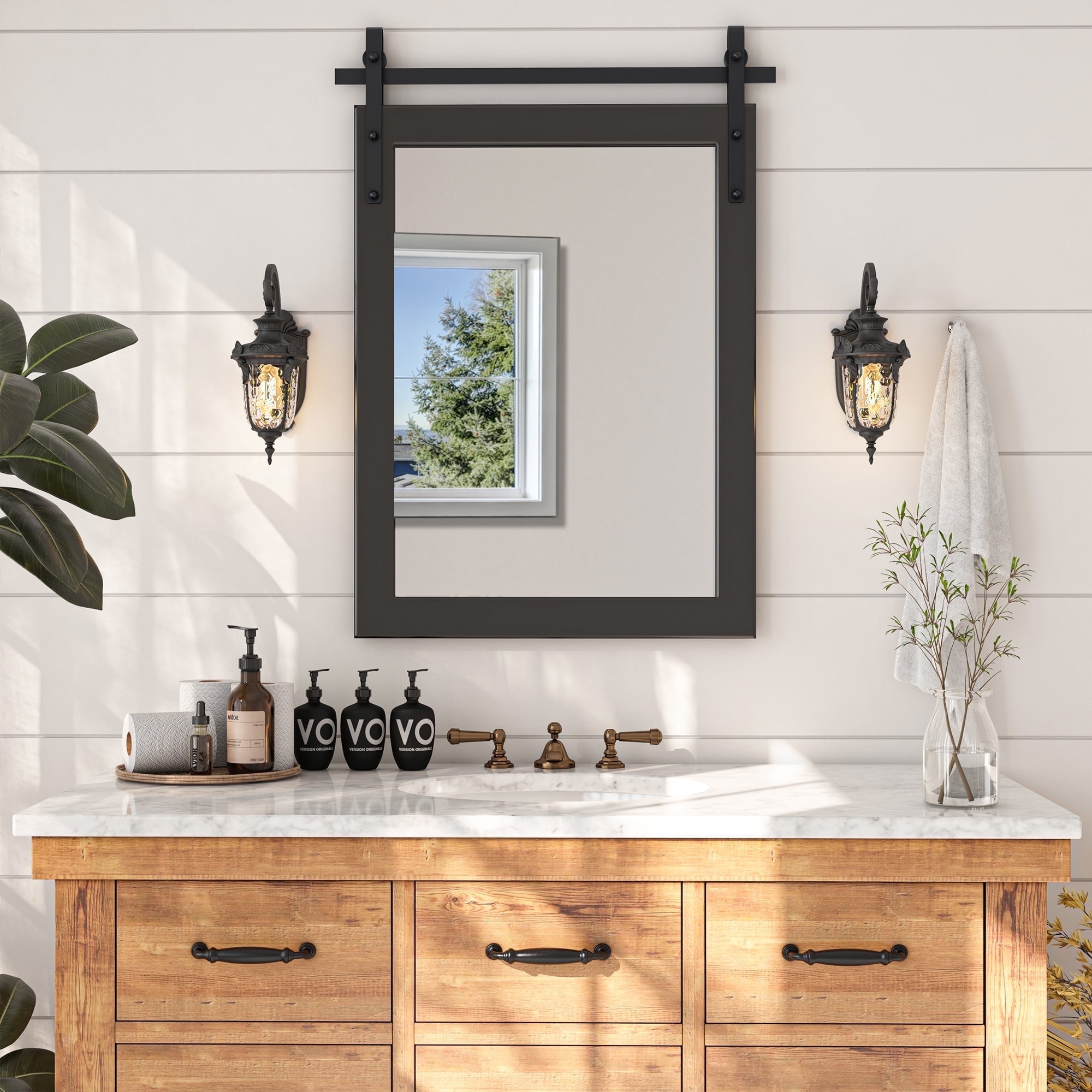 Farmhouse Mirror Wall Mounted Rustic, Barn Door Mirror with Wooden ...