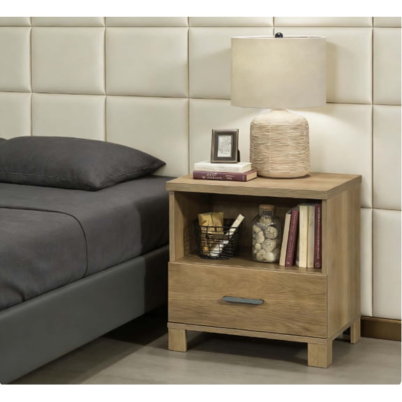 Farmhouse Modern Bedside Table - Rustic Night Stand with Open Shelf & Drawer, Minimalist Bedroom Side Table in Warm Brown Finish
