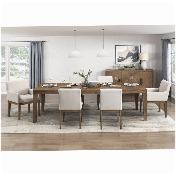 Farmhouse Modern Dining Set for 6, Brown Extendable Wood Table and Upholstered Chair Set