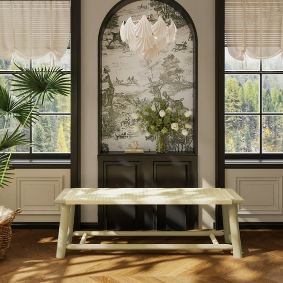 Farmhouse Modern Solid Wood Rattan Bench - 59 Inch Indoor & Covered Outdoor Bench Champagne Finish Multi-Functional Design