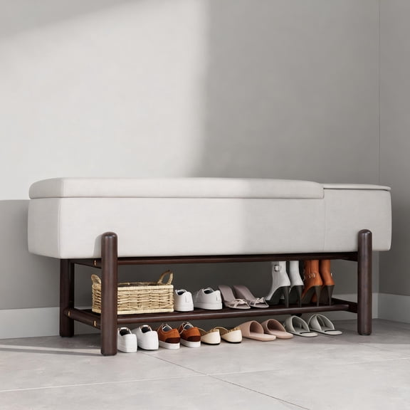 Farmhouse Modern Upholstered Storage Bench Flip Top Hidden Compartment 2-Seat Classic Brown